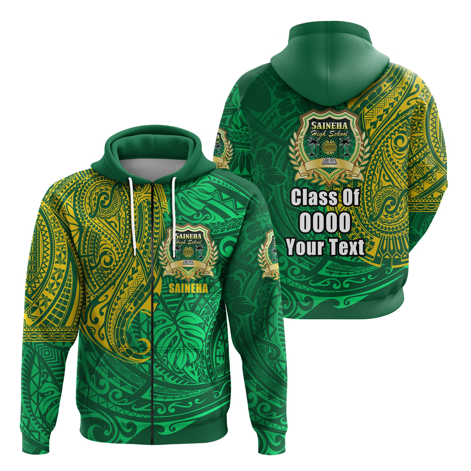 Custom Saineha Tonga Zip Hoodie Polynesian Special Class of LT16 Unisex Green - Polynesian Pride