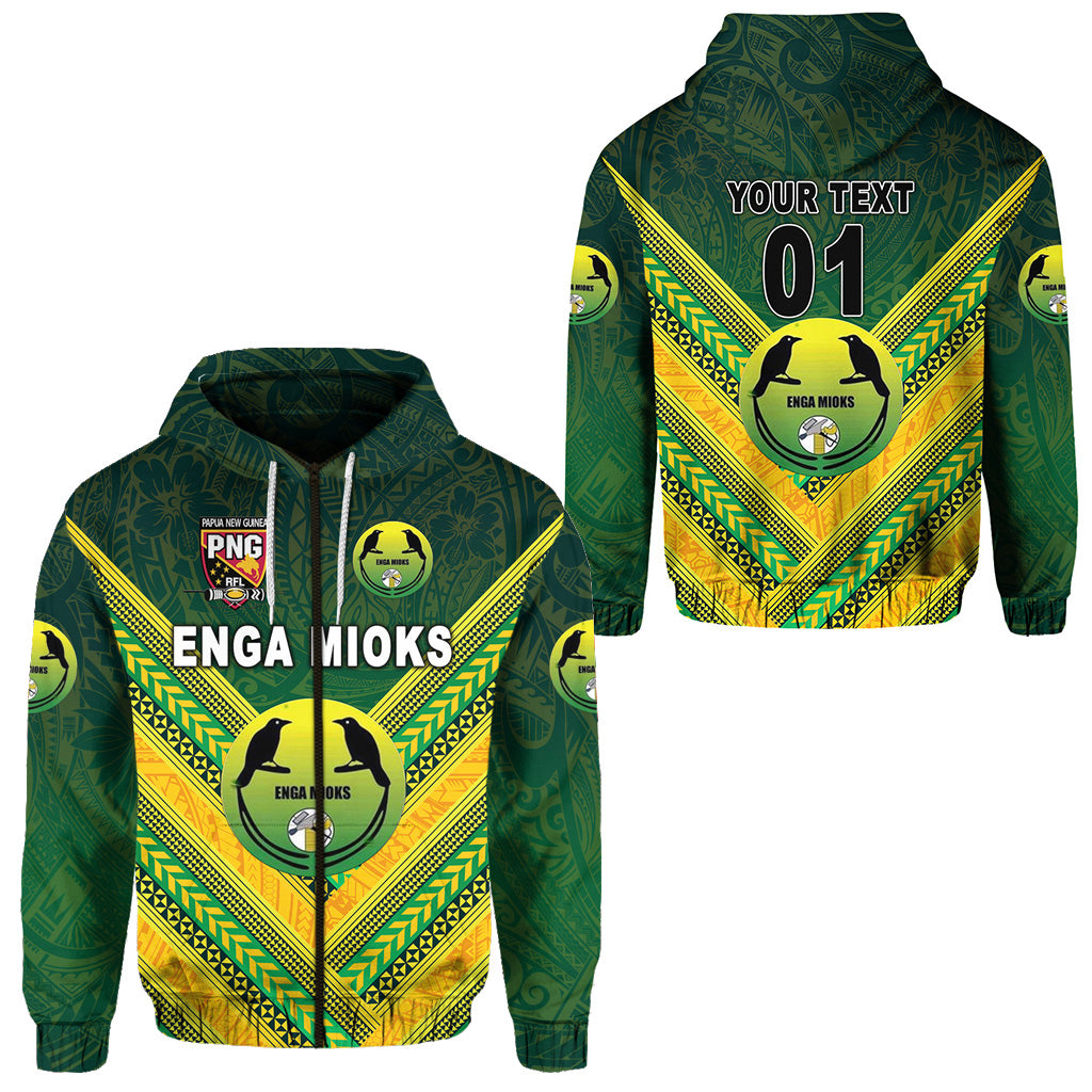 Custom Papua New Guinea Enga Mioks Zip Hoodie Rugby Original Style Green, Custom Text and Number LT8 Unisex Green - Polynesian Pride