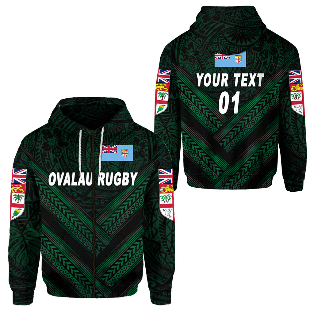 Custom Fiji Ovalau Rugby Zip Hoodie Dark Green Style, Custom Text and Number LT8 Unisex Green - Polynesian Pride