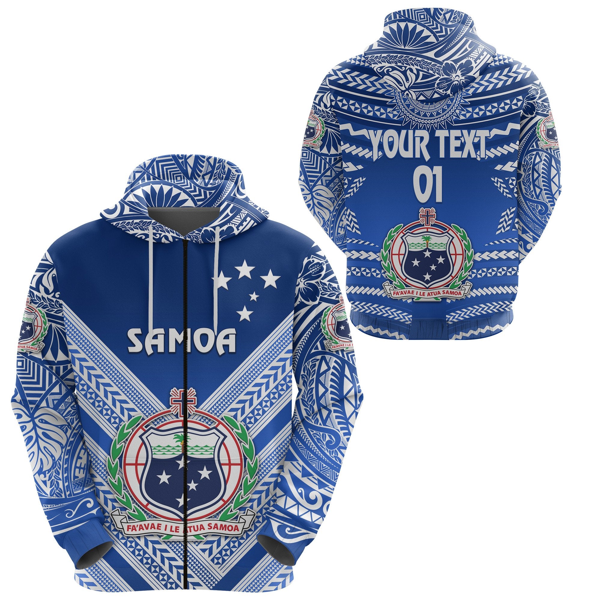 Custom Manu Samoa Rugby Zip Hoodie Creative Style Full Blue, Custom Text and Number Unisex Blue - Polynesian Pride