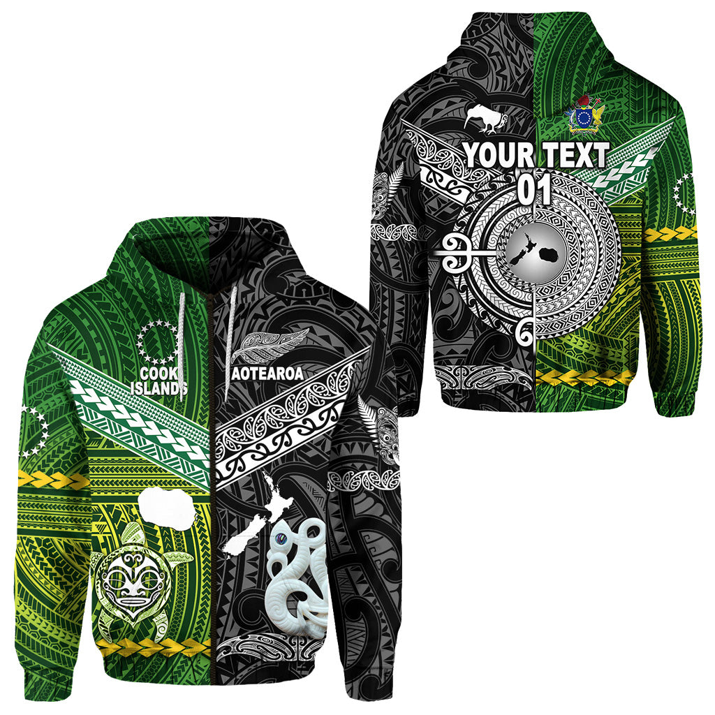 Custom New Zealand Cook Islands Zip Hoodie Maori and Polynesian Together Black, Custom Text and Number LT8 Unisex Green - Polynesian Pride