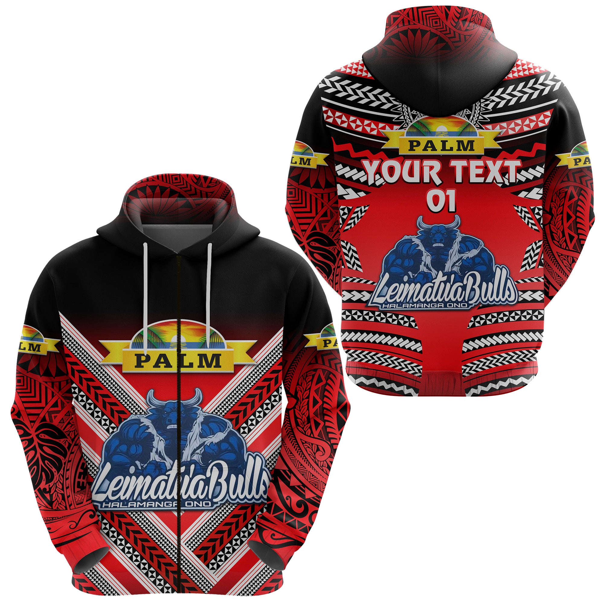 Custom Mate Maa Tonga Zip Hoodie Leimatua Bulls Creative Style Red, Custom Text and Number LT8 Unisex Red - Polynesian Pride