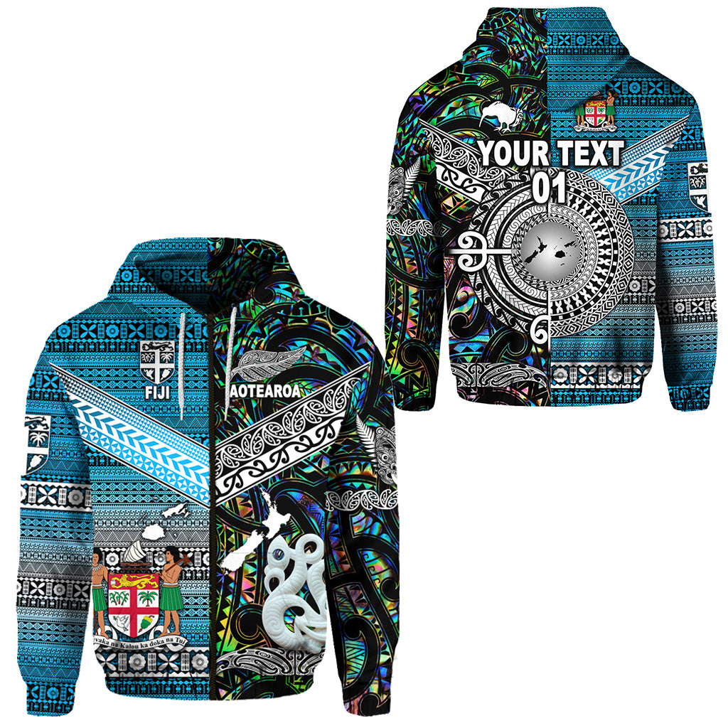 Custom New Zealand Fiji Zip Hoodie Maori and Tapa Together Green, Custom Text and Number LT8 Unisex Blue - Polynesian Pride