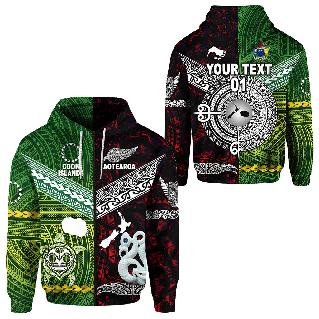 Custom New Zealand Cook Islands Zip Hoodie Maori and Polynesian Together Red, Custom Text and Number LT8 Unisex Green - Polynesian Pride