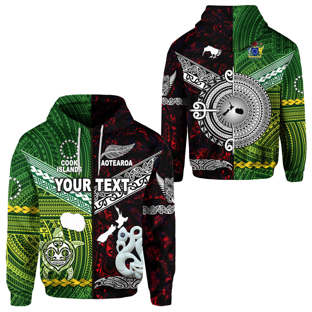 Custom New Zealand Cook Islands Zip Hoodie Maori and Polynesian Together Red LT8 Unisex Green - Polynesian Pride