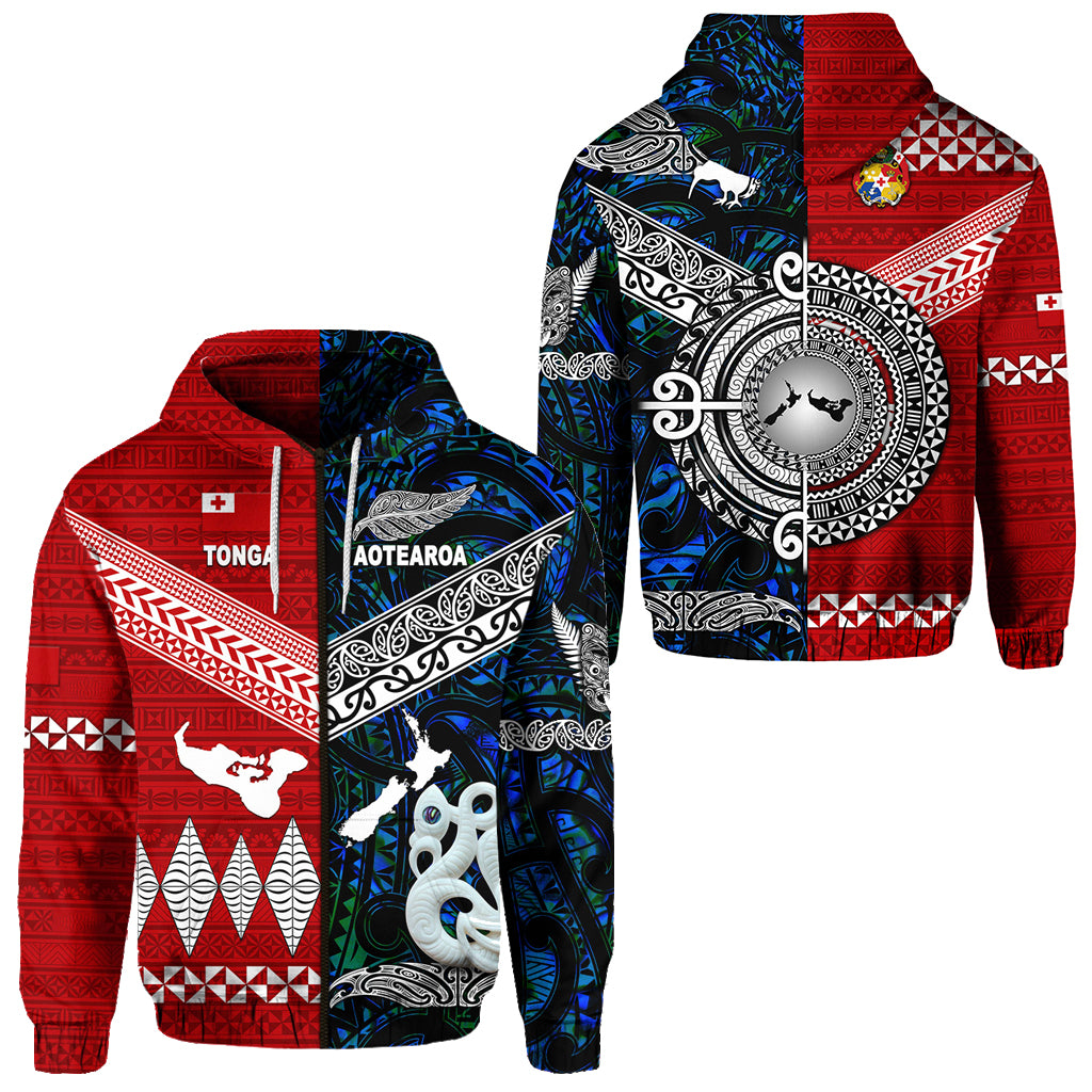 New Zealand Tonga Zip Hoodie Maori and Polynesian Together Blue LT8 Unisex Red - Polynesian Pride