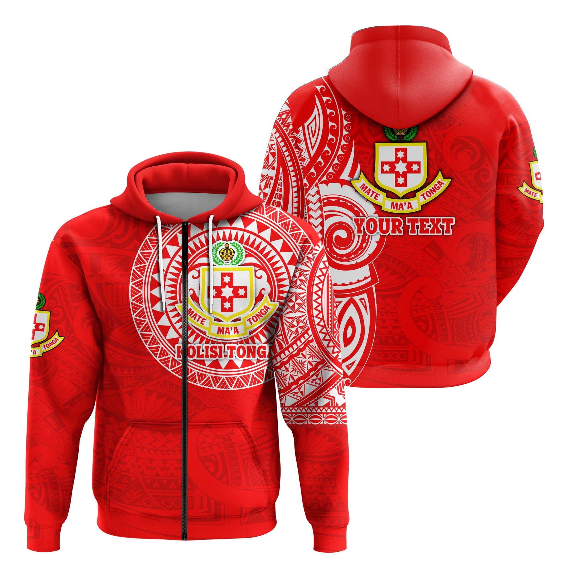 Custom Kolisi Tonga Zip Hoodie Mate Maa Tonga Polynesian Tattoo Style Unisex Red - Polynesian Pride