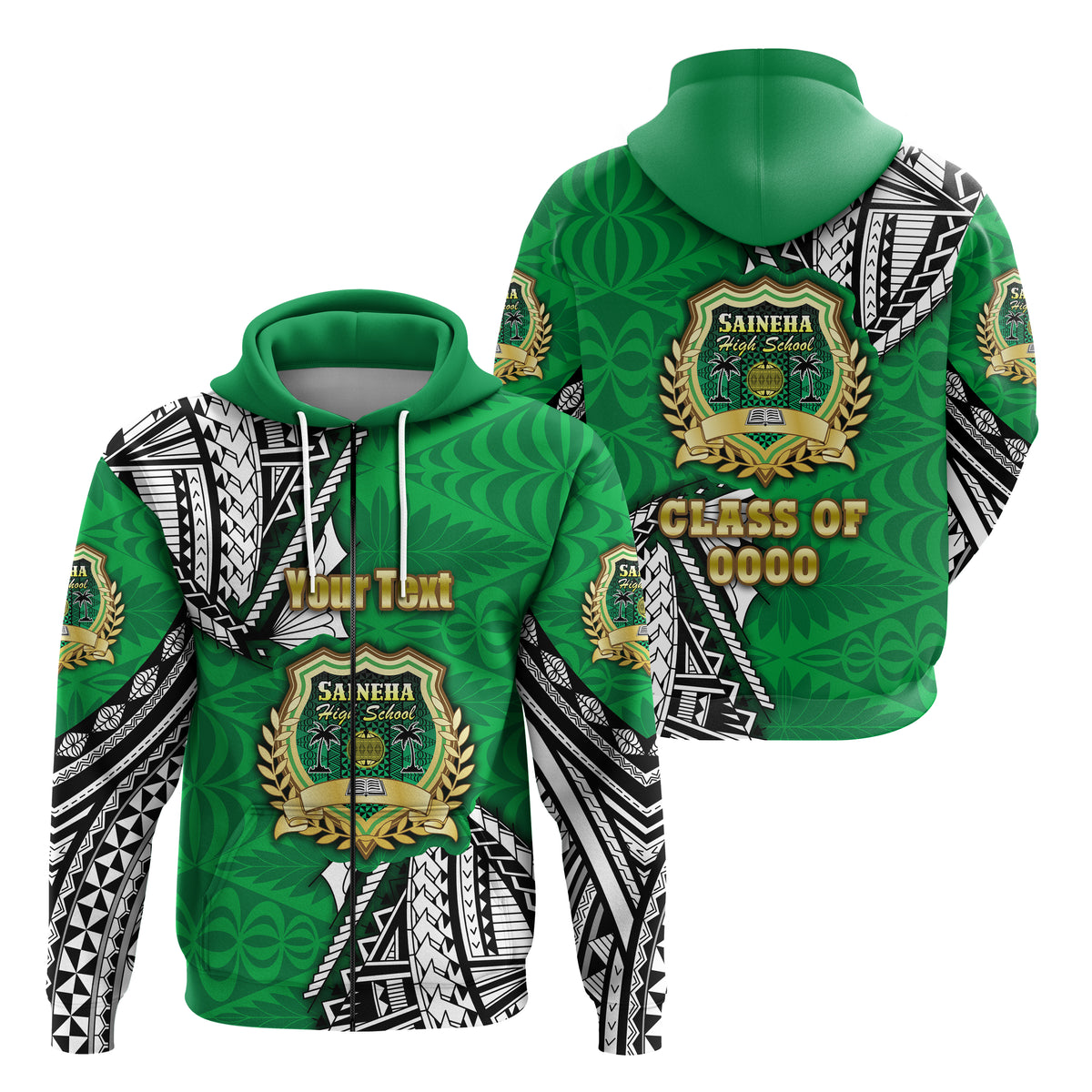 Custom Saineha Tonga Zip Hoodie Polynesian Style Class of LT16 Unisex Green - Polynesian Pride