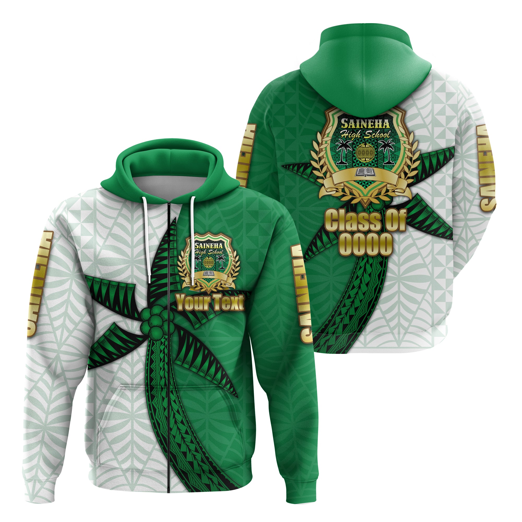 Custom Saineha Tonga Zip Hoodie Coconut Tree Style Class of LT16 Unisex Green - Polynesian Pride