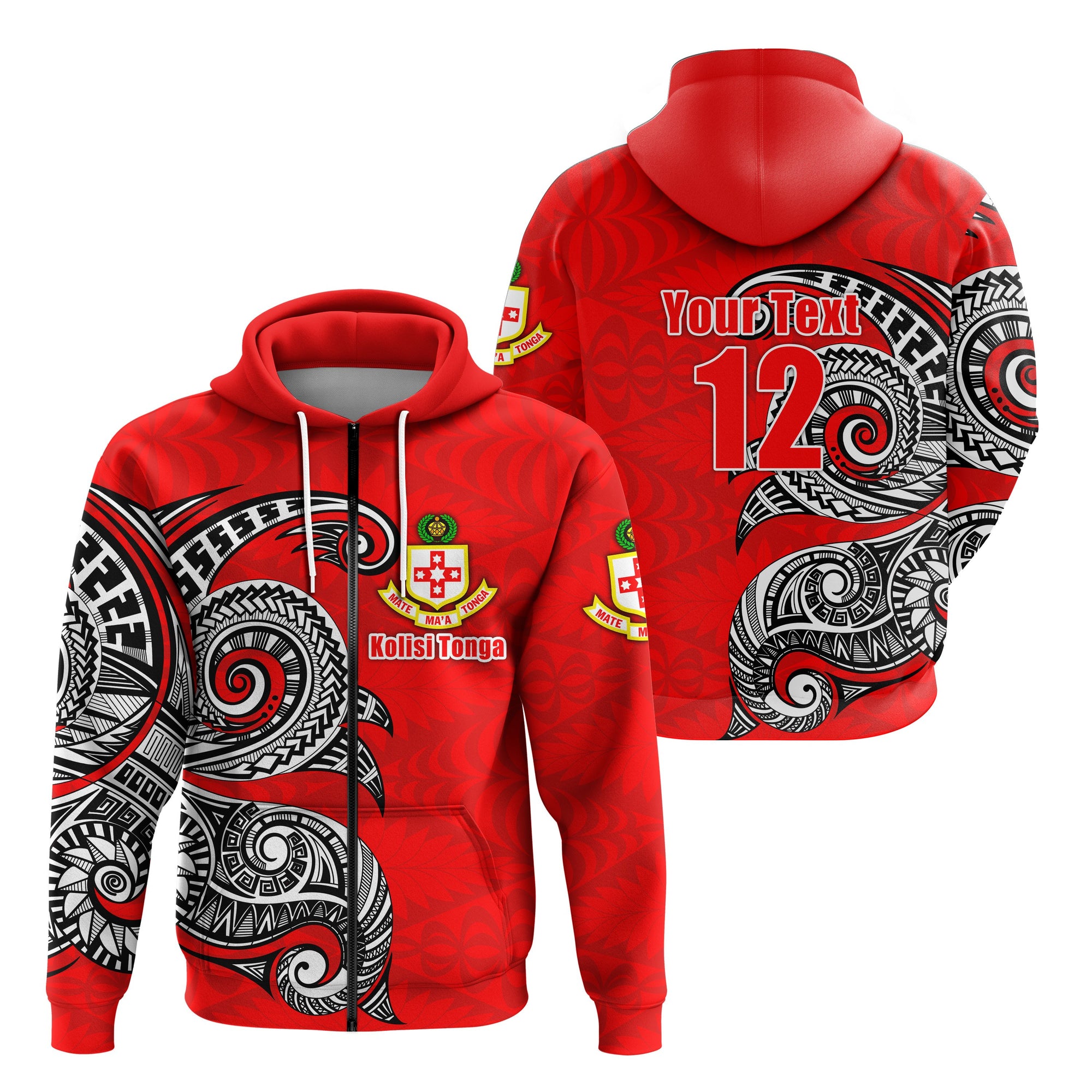 Custom Kolisi Tonga Zip Hoodie Mate Maa Tonga Polynesian Waves Style Unisex Red - Polynesian Pride