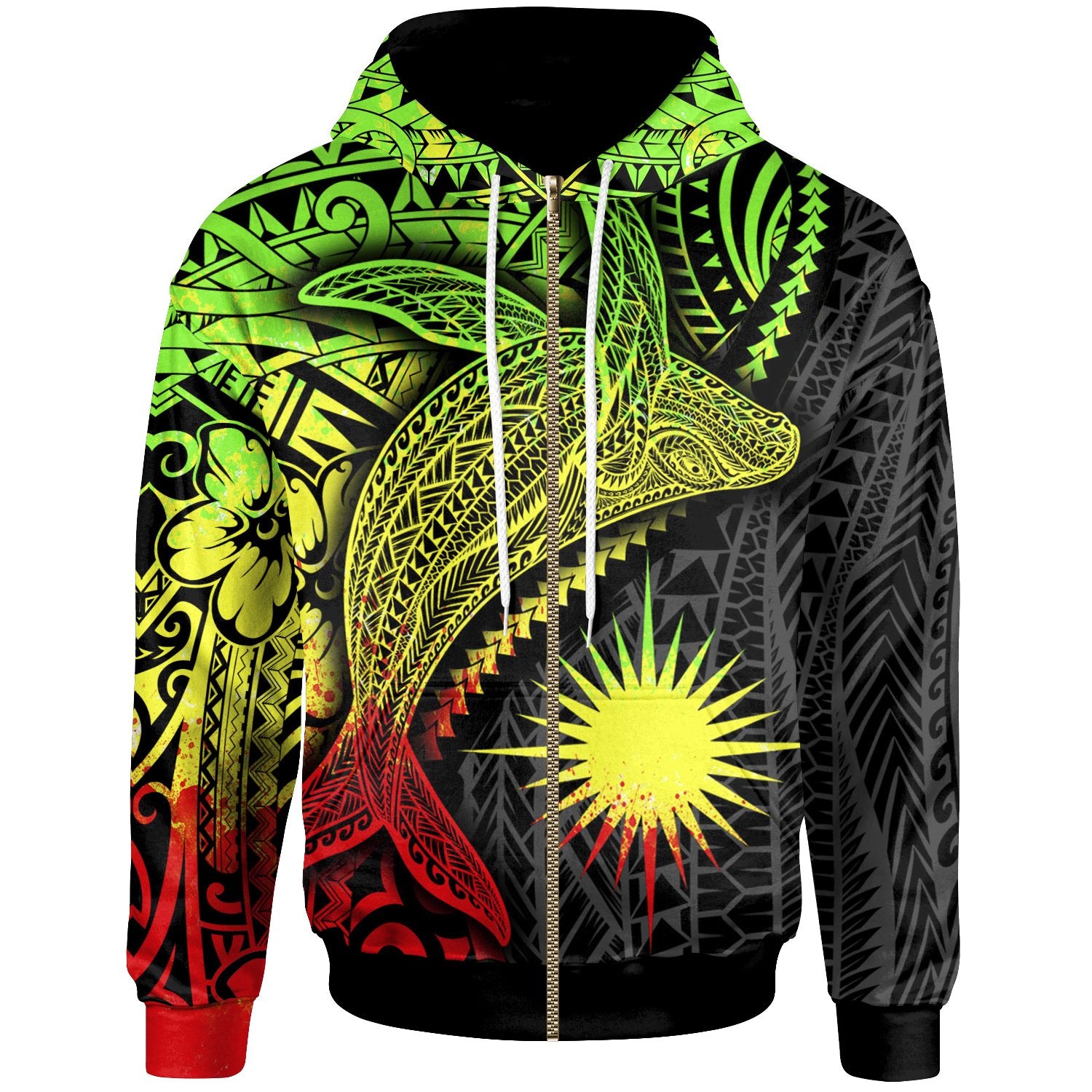 Marshall Islands Zip up Hoodie Humpback Whale & Coat of Arms Reggae Unisex Reggae - Polynesian Pride