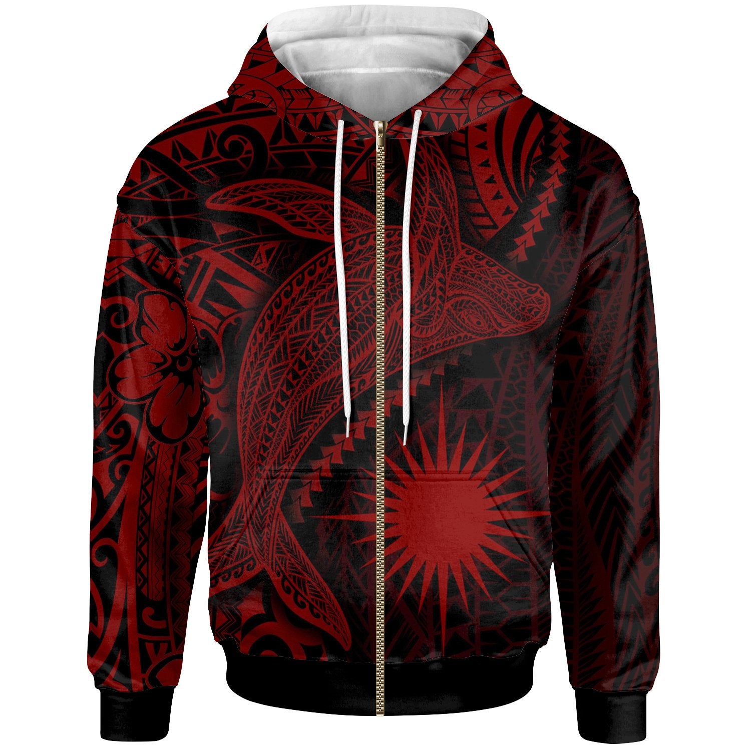 Marshall Islands Zip up Hoodie Humpback Whale & Coat of Arms Red Unisex Red - Polynesian Pride