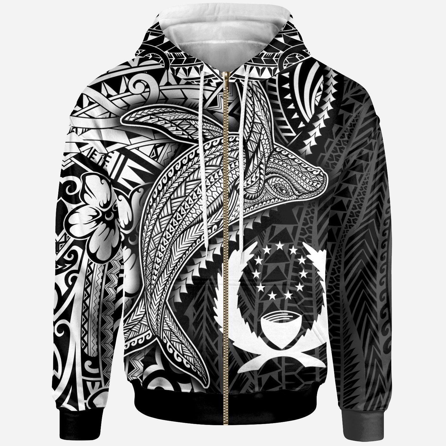 Pohnpei Zip up Hoodie Humpback Whale & Coat of Arms White Unisex White - Polynesian Pride