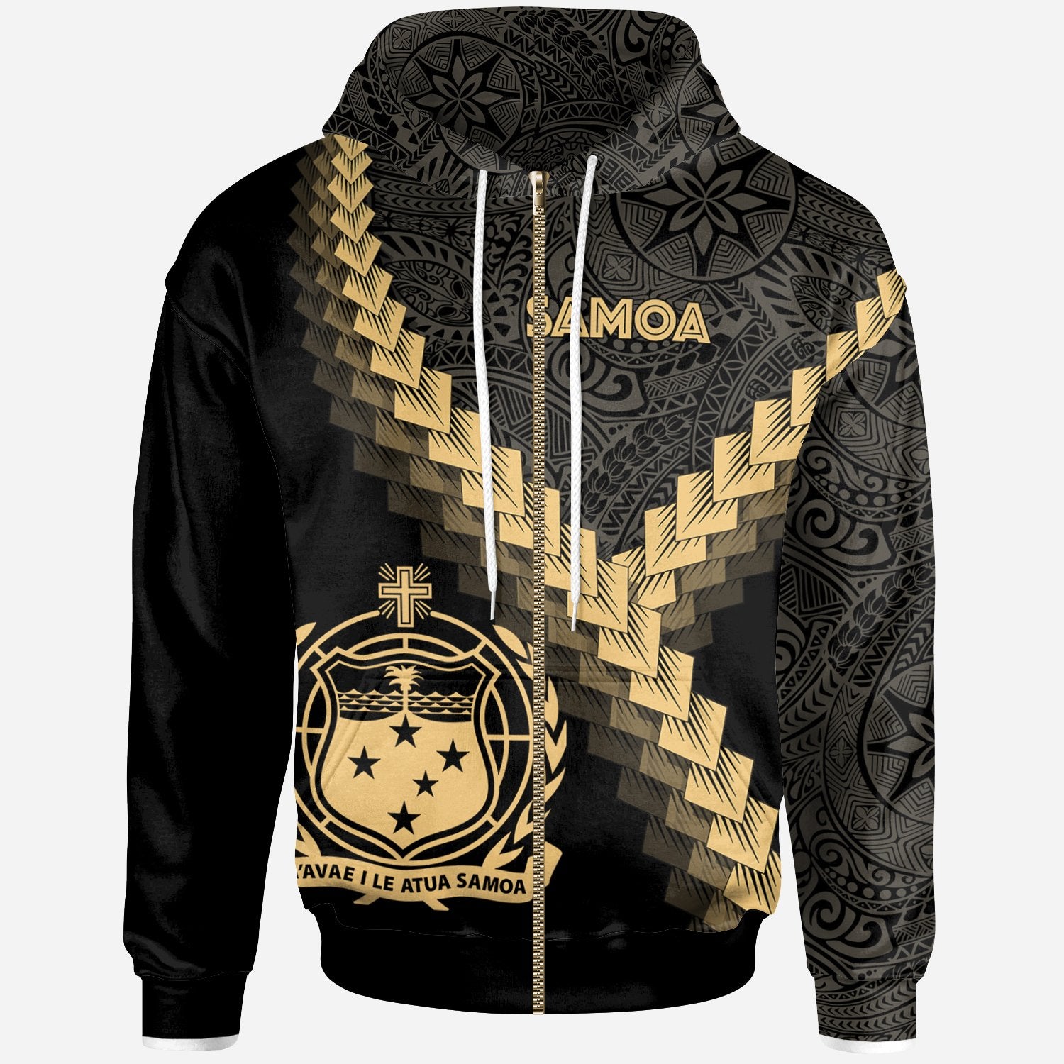 Samoa Zip up Hoodie Samoa Coat of Arms With Polynesian Tattoo Gold Unisex Gold - Polynesian Pride