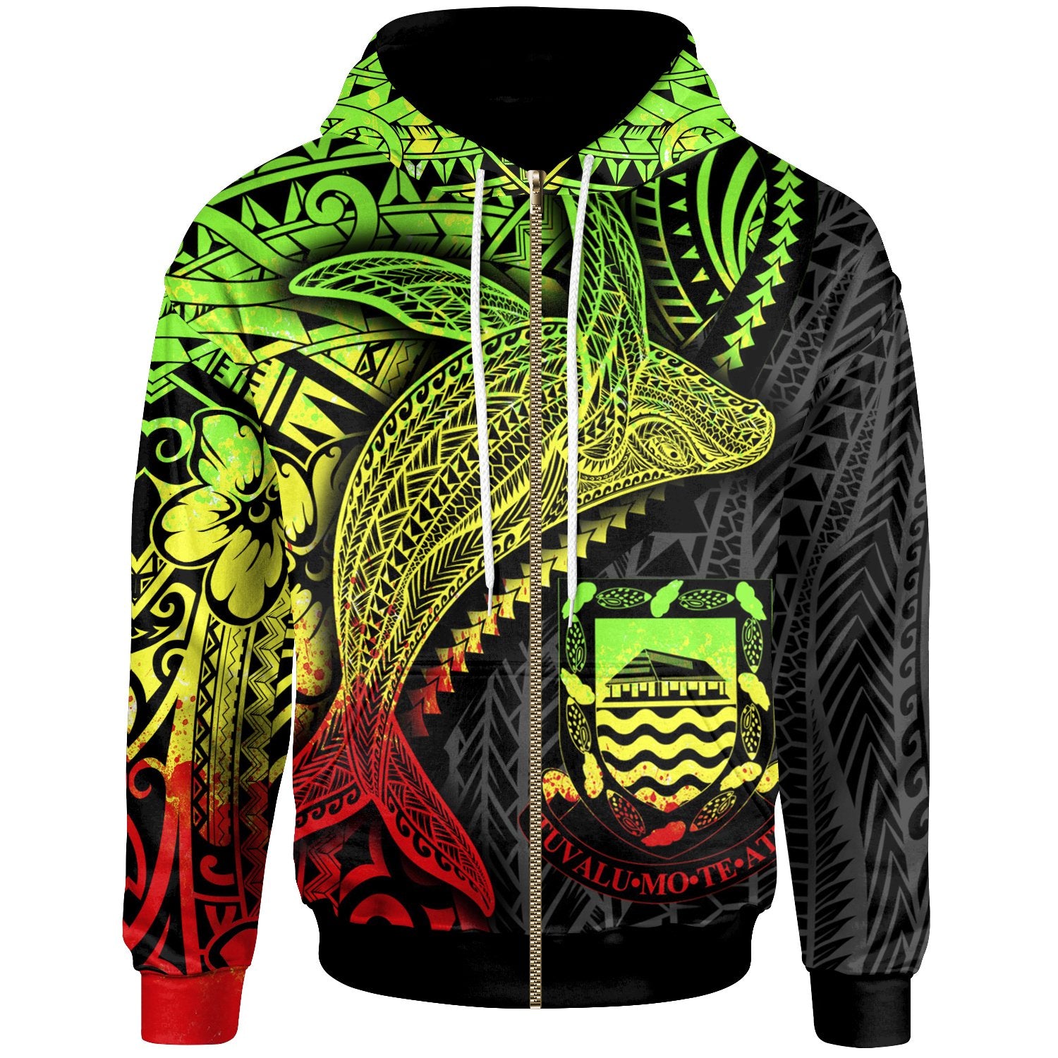 Tuvalu Zip up Hoodie Humpback Whale & Coat of Arms Reggae Unisex Reggae - Polynesian Pride