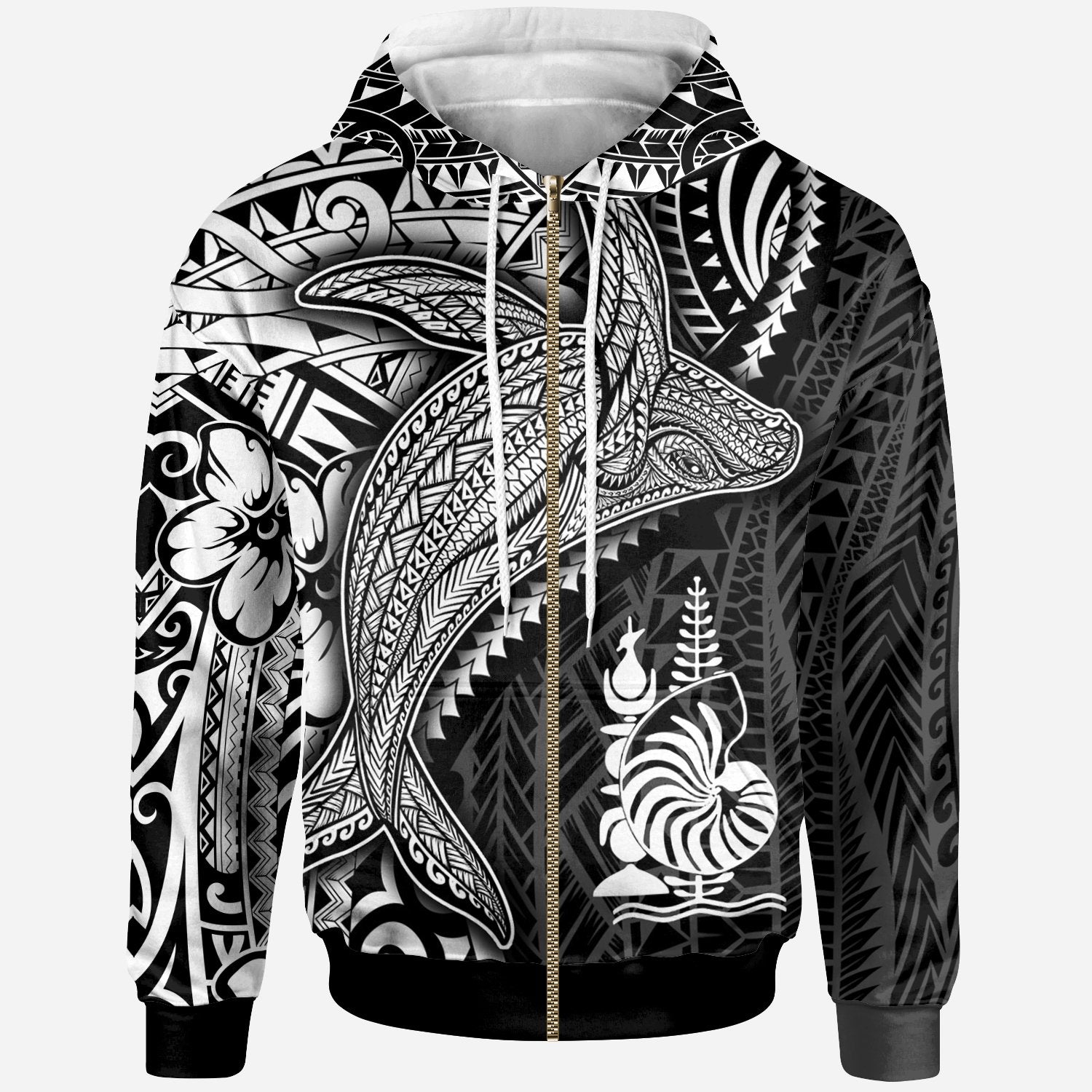 New Caledonia Zip up Hoodie Humpback Whale & Coat of Arms White Unisex White - Polynesian Pride