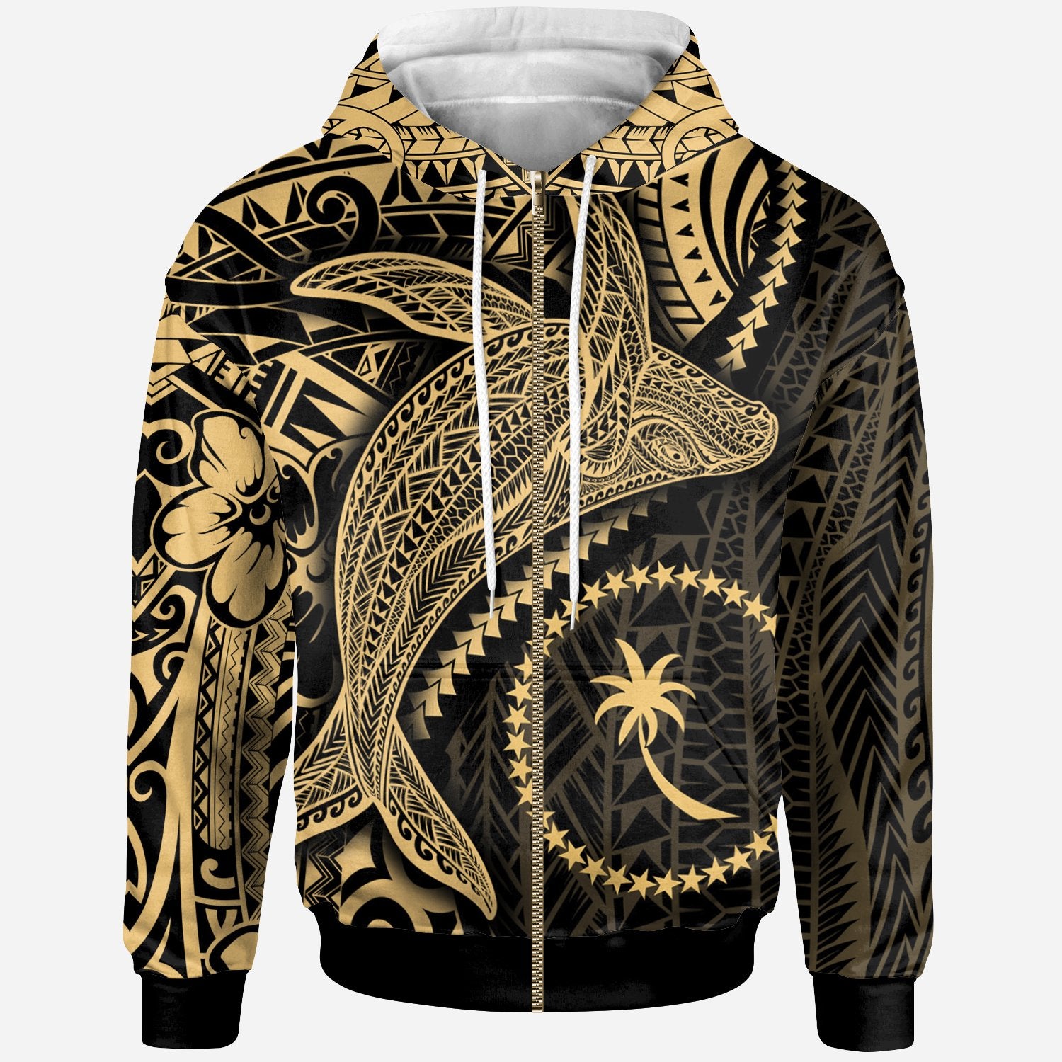 Chuuk Zip up Hoodie Humpback Whale & Coat of Arms Gold Unisex Gold - Polynesian Pride