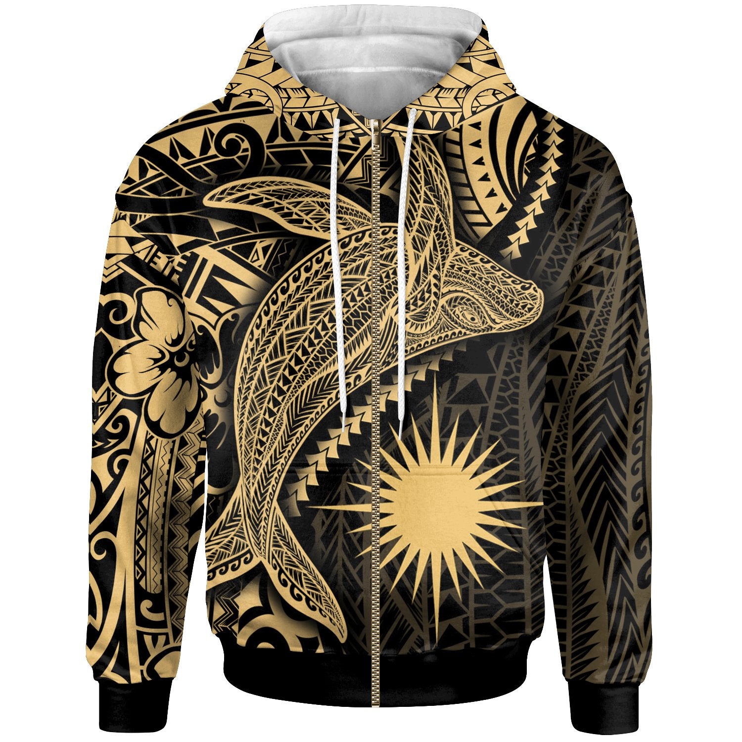 Marshall Islands Zip up Hoodie Humpback Whale & Coat of Arms Gold Unisex Gold - Polynesian Pride