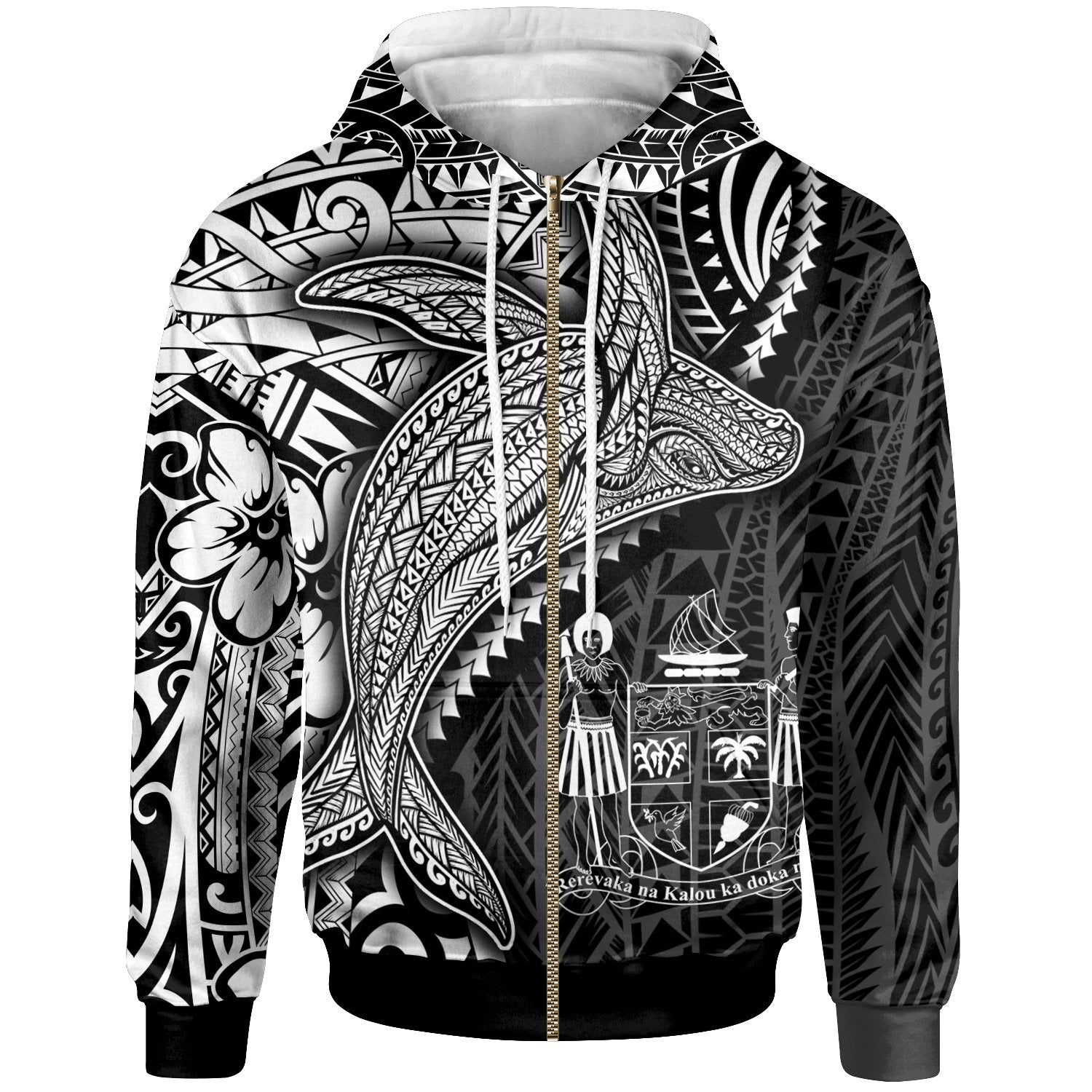 Fiji Zip up Hoodie Humpback Whale & Coat of Arms White Unisex White - Polynesian Pride