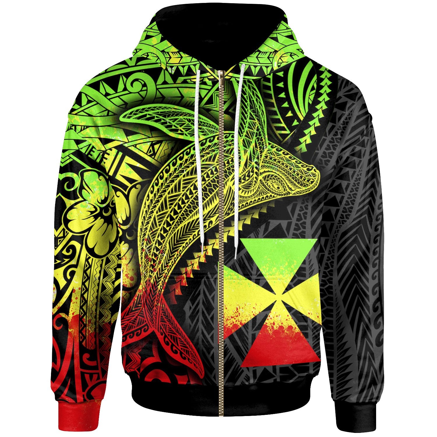 Wallis and Futuna Zip up Hoodie Humpback Whale & Coat of Arms Reggae Unisex Reggae - Polynesian Pride