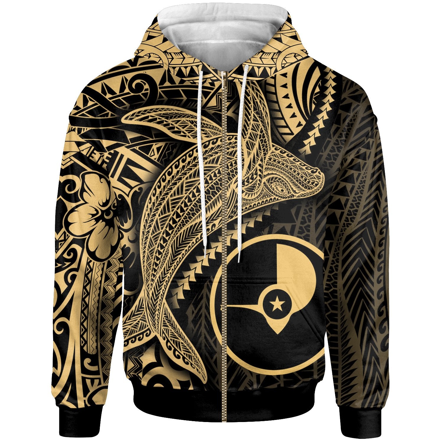 Yap Zip up Hoodie Humpback Whale & Coat of Arms Gold Unisex Gold - Polynesian Pride