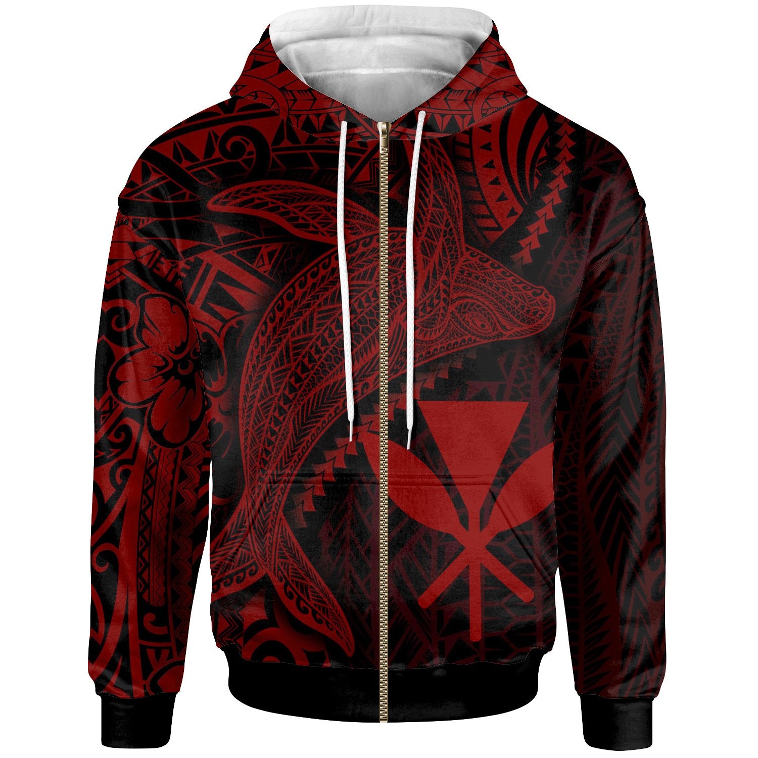 Hawaii Kanaka Maoli Zip up Hoodie Humpback Whale & Coat of Arms Red Unisex Red - Polynesian Pride