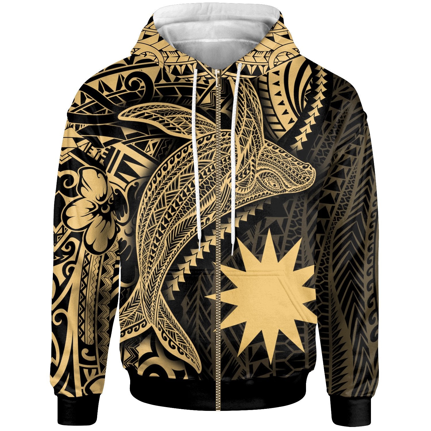 Nauru Zip up Hoodie Humpback Whale & Coat of Arms Gold Unisex Gold - Polynesian Pride