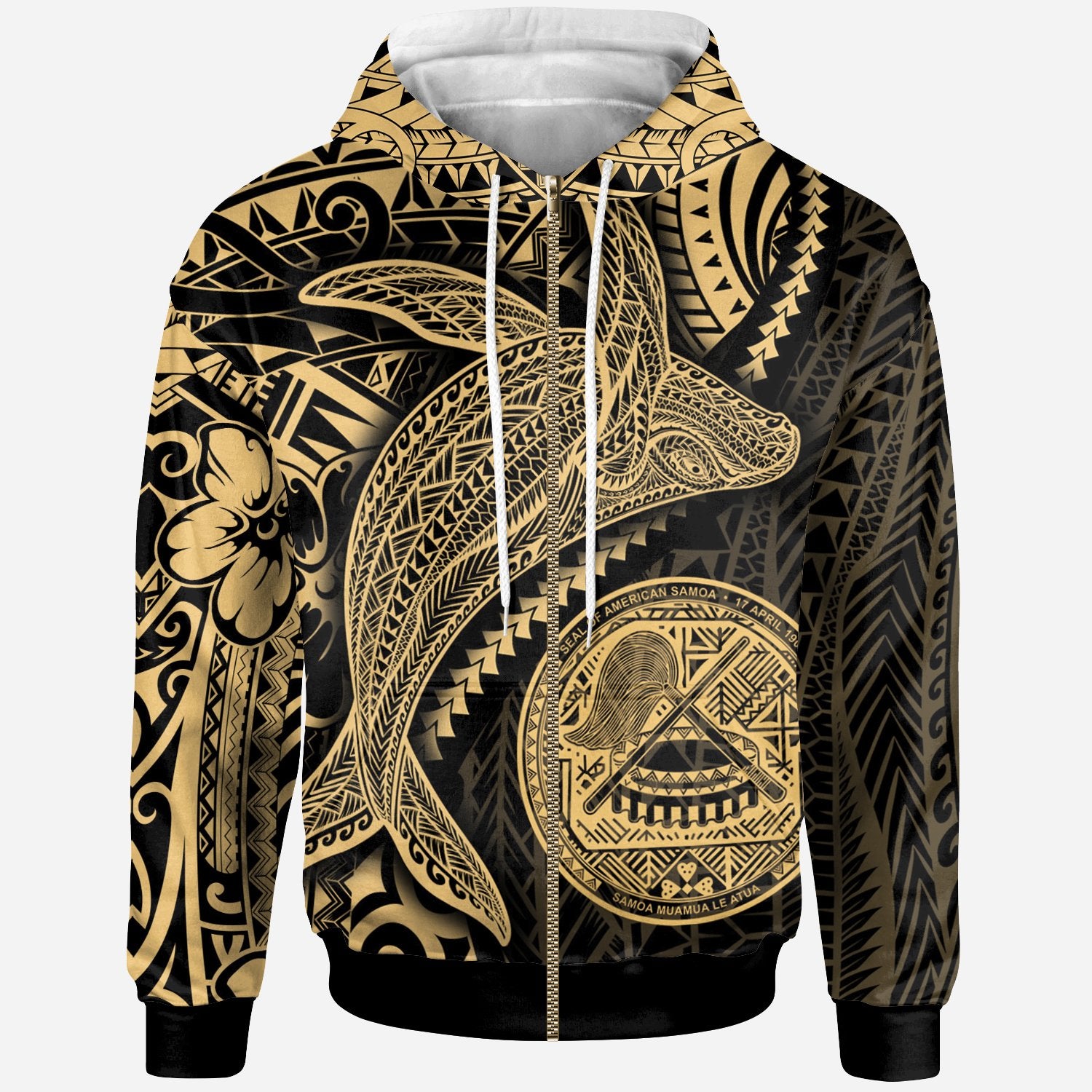 American Samoa Zip up Hoodie Humpback Whale & Coat of Arms Gold Unisex Gold - Polynesian Pride