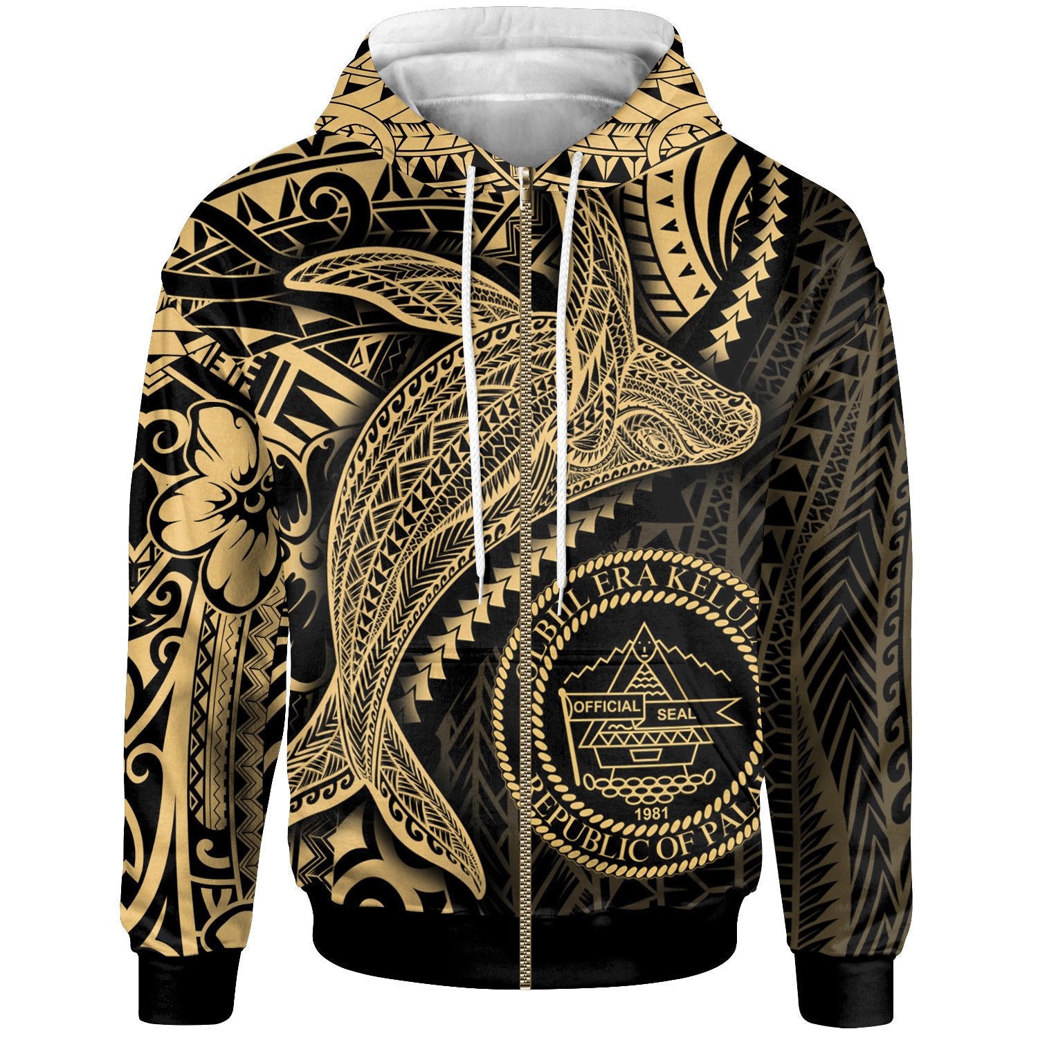 Palau Zip up Hoodie Humpback Whale & Coat of Arms Gold Unisex Gold - Polynesian Pride