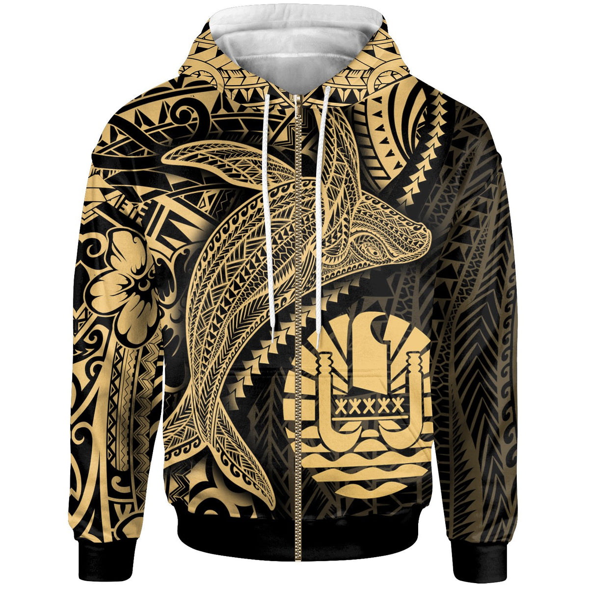 Tahiti Zip up Hoodie Humpback Whale & Coat of Arms Gold Unisex Gold - Polynesian Pride