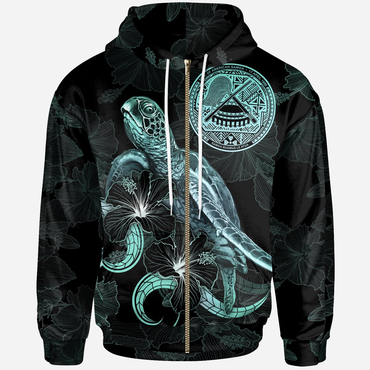 American Samoa Polynesian Zip up Hoodie Turtle With Blooming Hibiscus Turquoise Unisex Turquoise - Polynesian Pride