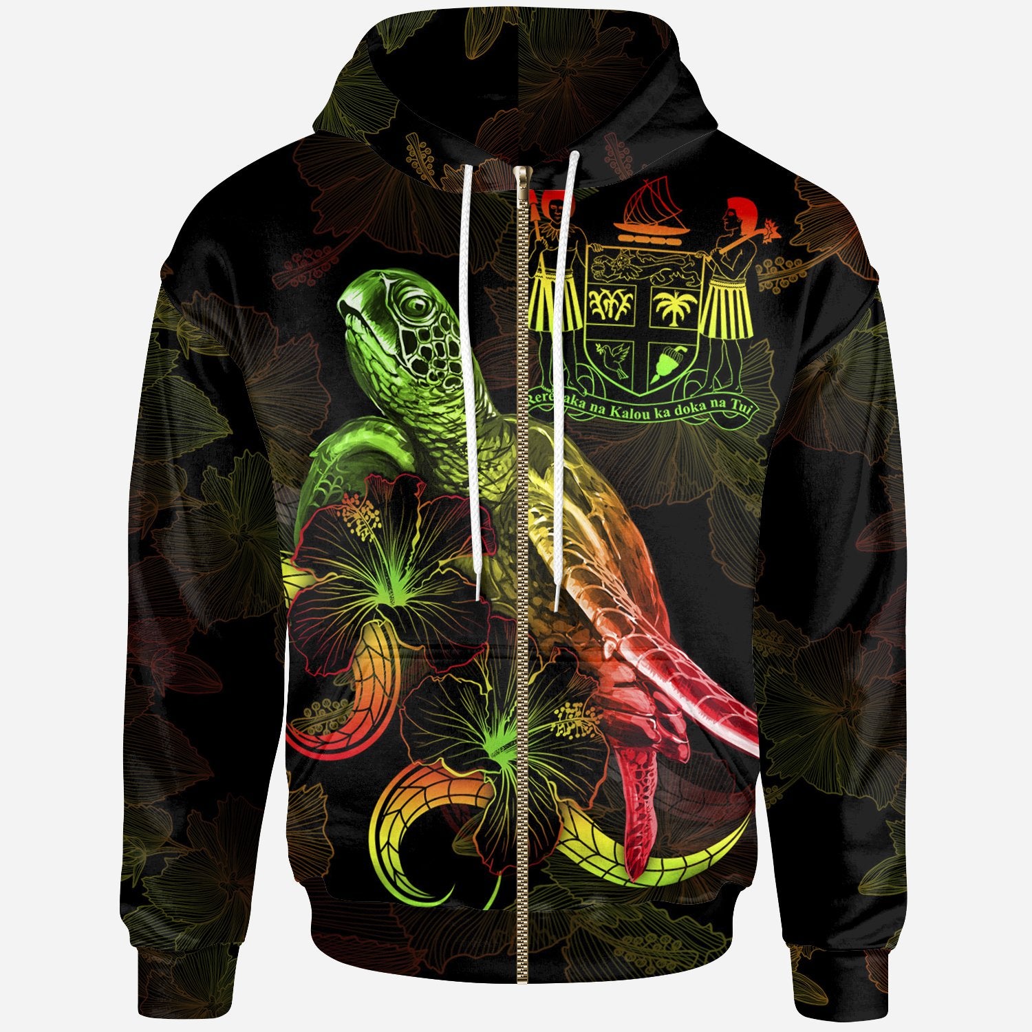 Fiji Polynesian Zip up Hoodie Turtle With Blooming Hibiscus Reggae Unisex Reggae - Polynesian Pride