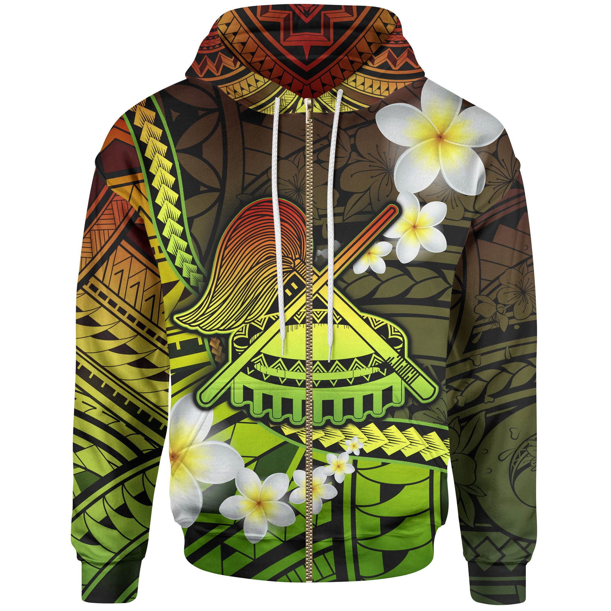 American Samoa Zip Hoodie Seal of American Samoa With Plumeria Flowers Unisex Black - Polynesian Pride