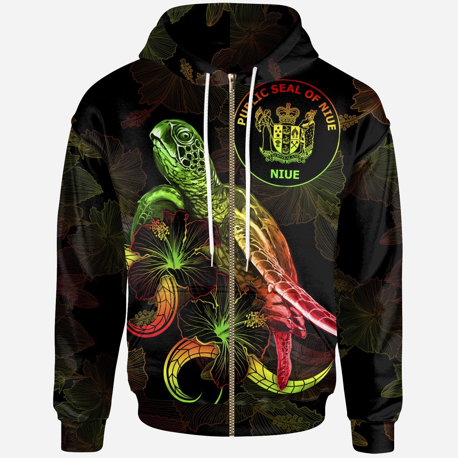 Niue Polynesian Zip up Hoodie Turtle With Blooming Hibiscus Reggae Unisex Reggae - Polynesian Pride