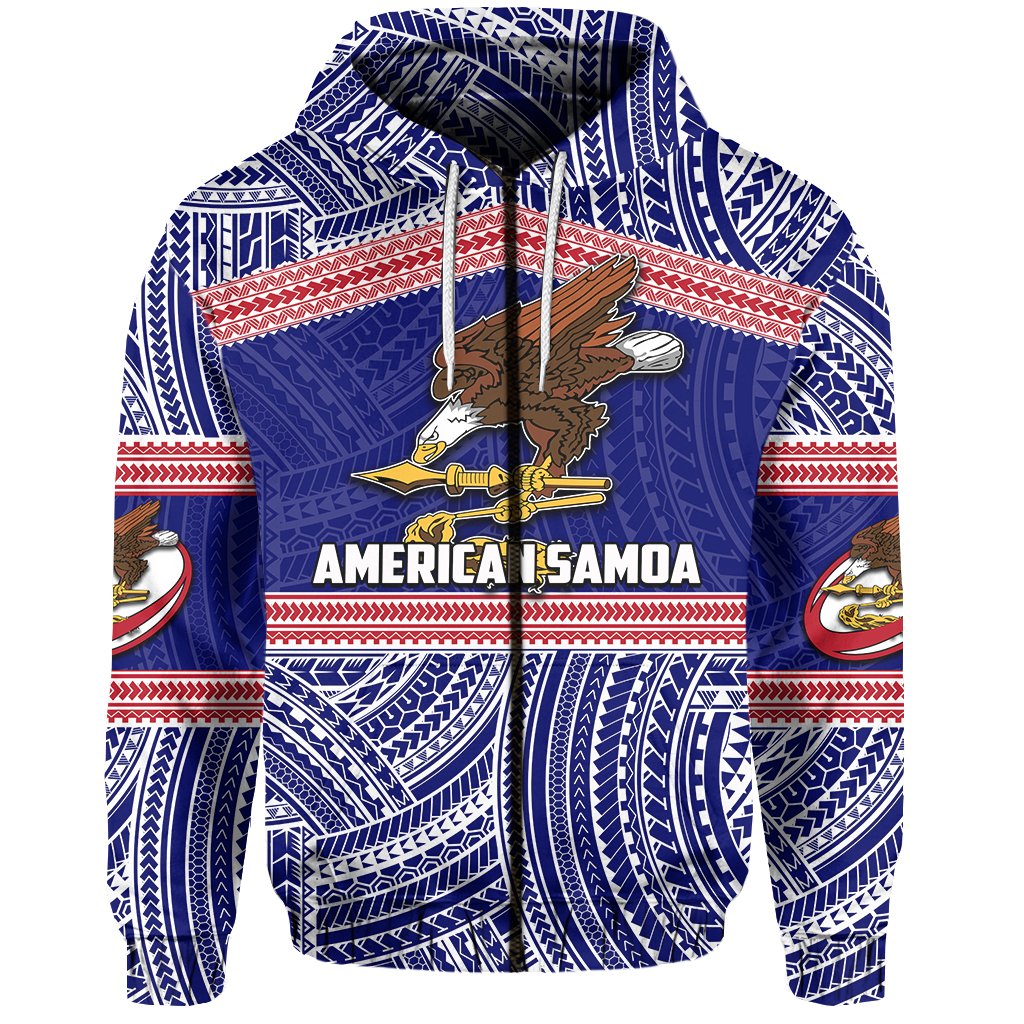 Custom American Samoa Rugby Polynesian Patterns Zip Hoodie Unisex Blue - Polynesian Pride