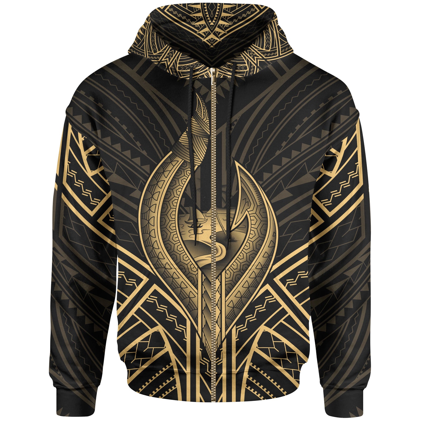 Guam Zip Hoodie Guam Seal Chamorro Tribal Gold Color Unisex Black - Polynesian Pride