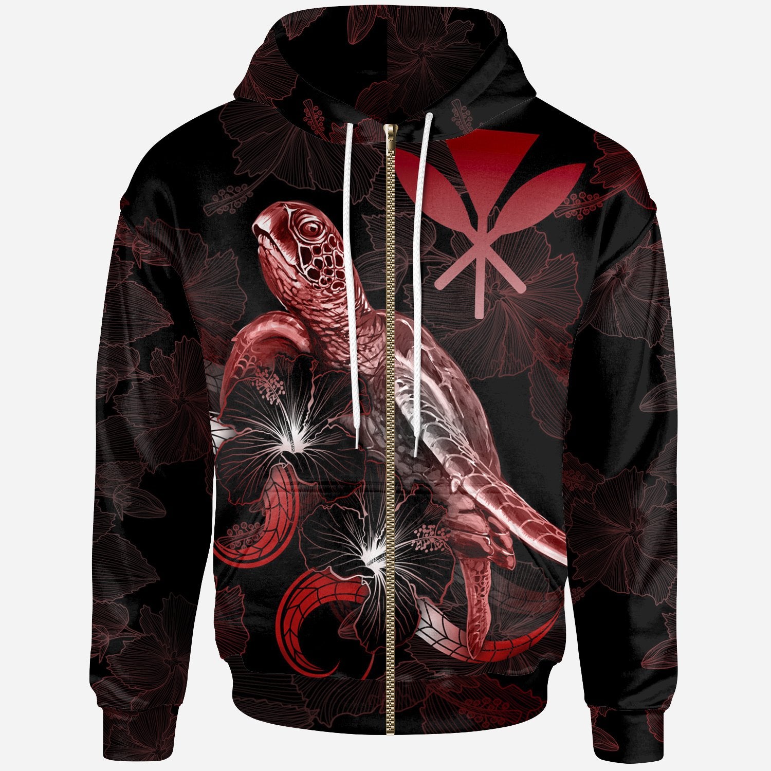 Hawaii Polynesian Zip up Hoodie Turtle With Blooming Hibiscus Red Unisex Red - Polynesian Pride