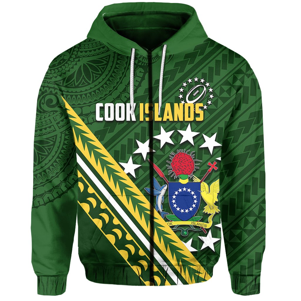 Custom Cook Islands Rugby With Polynesian Zip Hoodie Unisex Green - Polynesian Pride