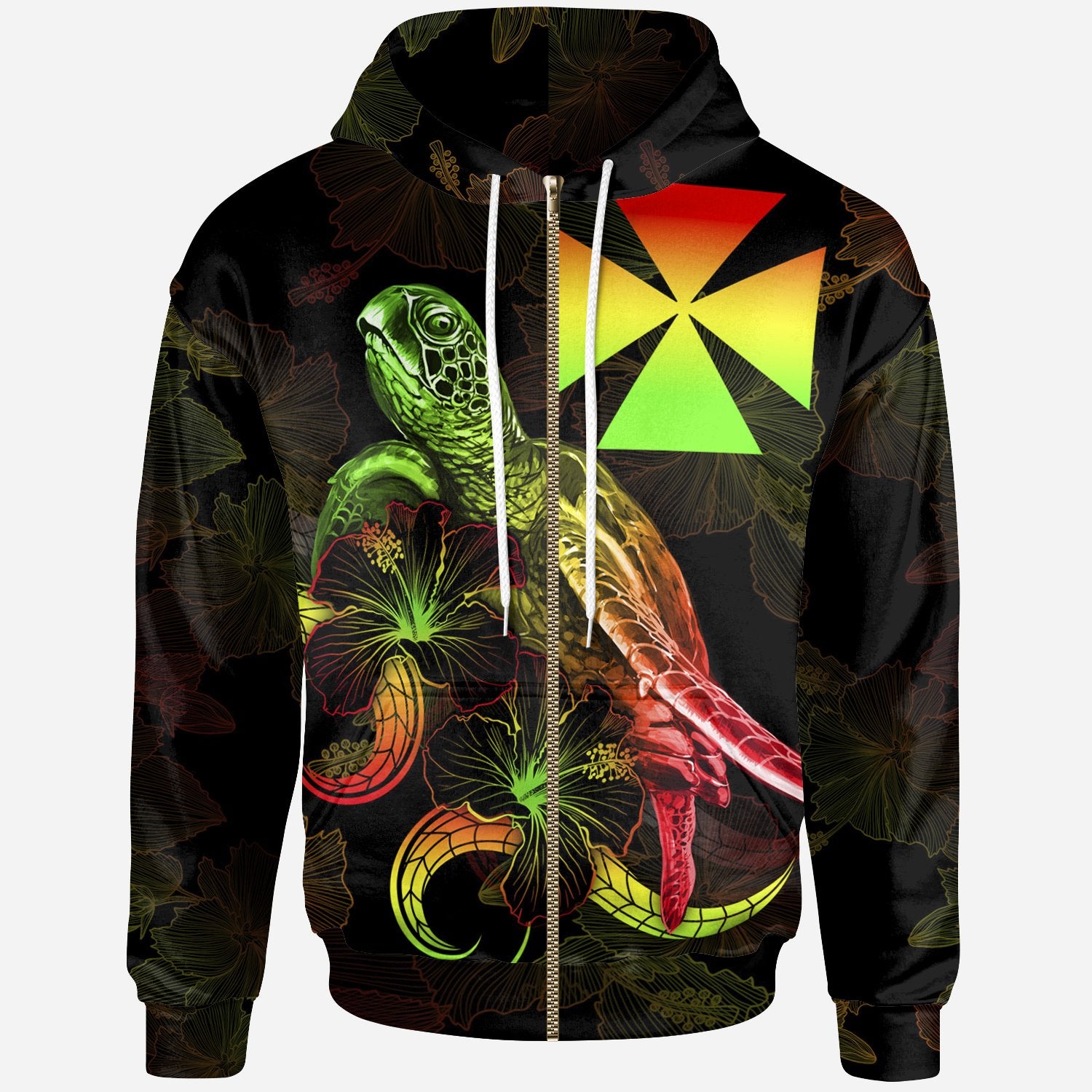 Wallis and Futuna Polynesian Zip up Hoodie Turtle With Blooming Hibiscus Reggae Unisex Reggae - Polynesian Pride