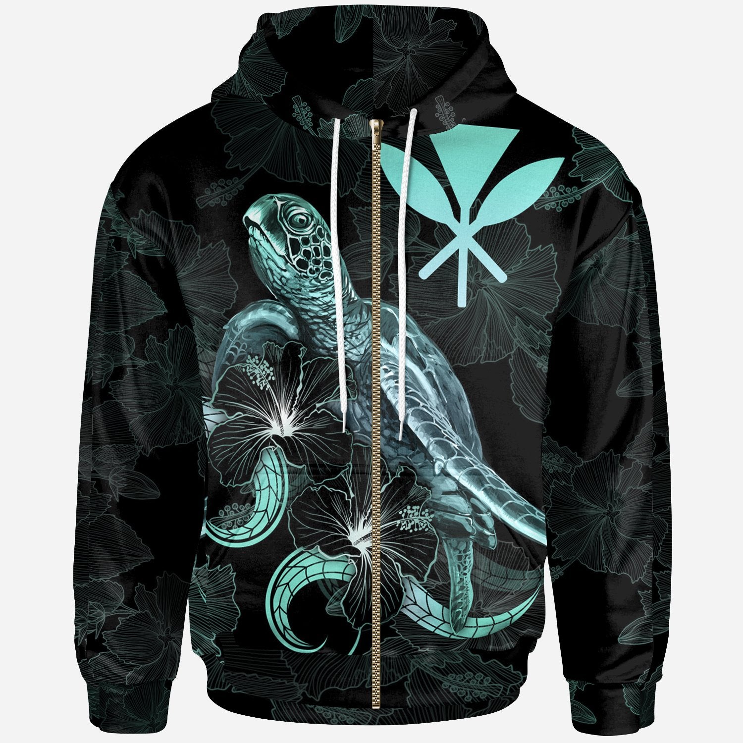 Hawaii Polynesian Zip up Hoodie Turtle With Blooming Hibiscus Turquoise Unisex Turquoise - Polynesian Pride