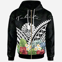 Tahiti Polynesian Zip up Hoodie Tahiti Coat of Arms & Polynesian Tropical Flowers White Unisex White - Polynesian Pride