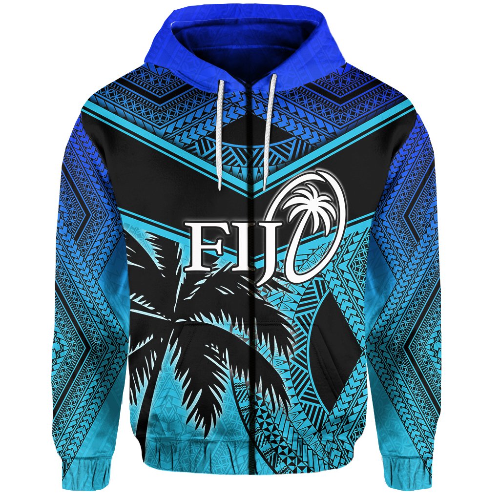 Fiji Rugby Polynesian Zip Hoodie Blue Unisex Blue - Polynesian Pride