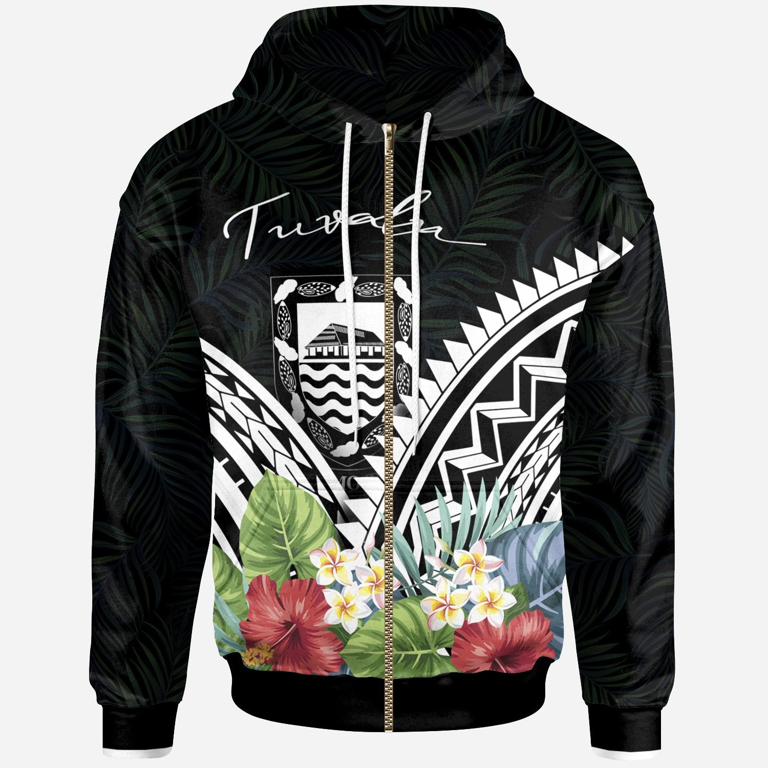 Tuvalu Polynesian Zip up Hoodie Tuvalu Coat of Arms & Polynesian Tropical Flowers White Unisex White - Polynesian Pride