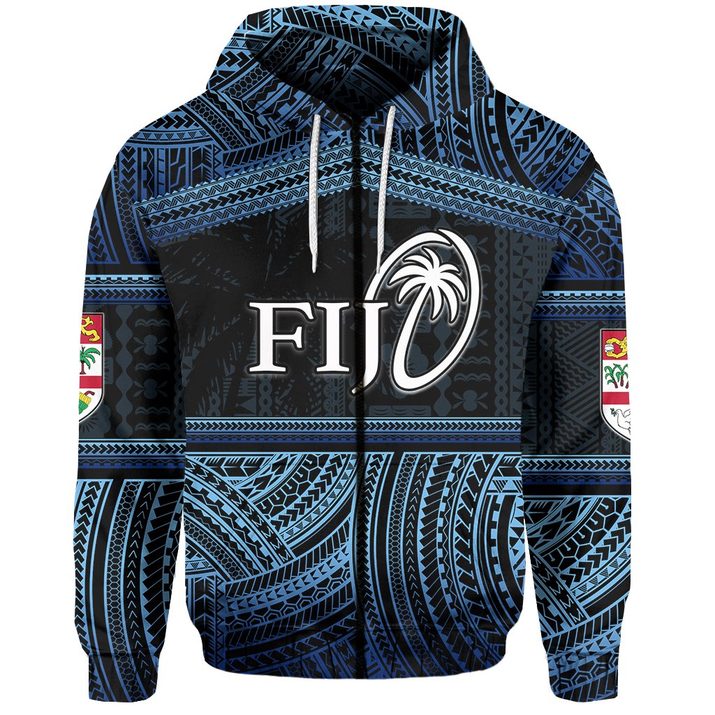 Fiji Rugby Polynesian Patterns Zip Hoodie Blue Unisex Blue - Polynesian Pride