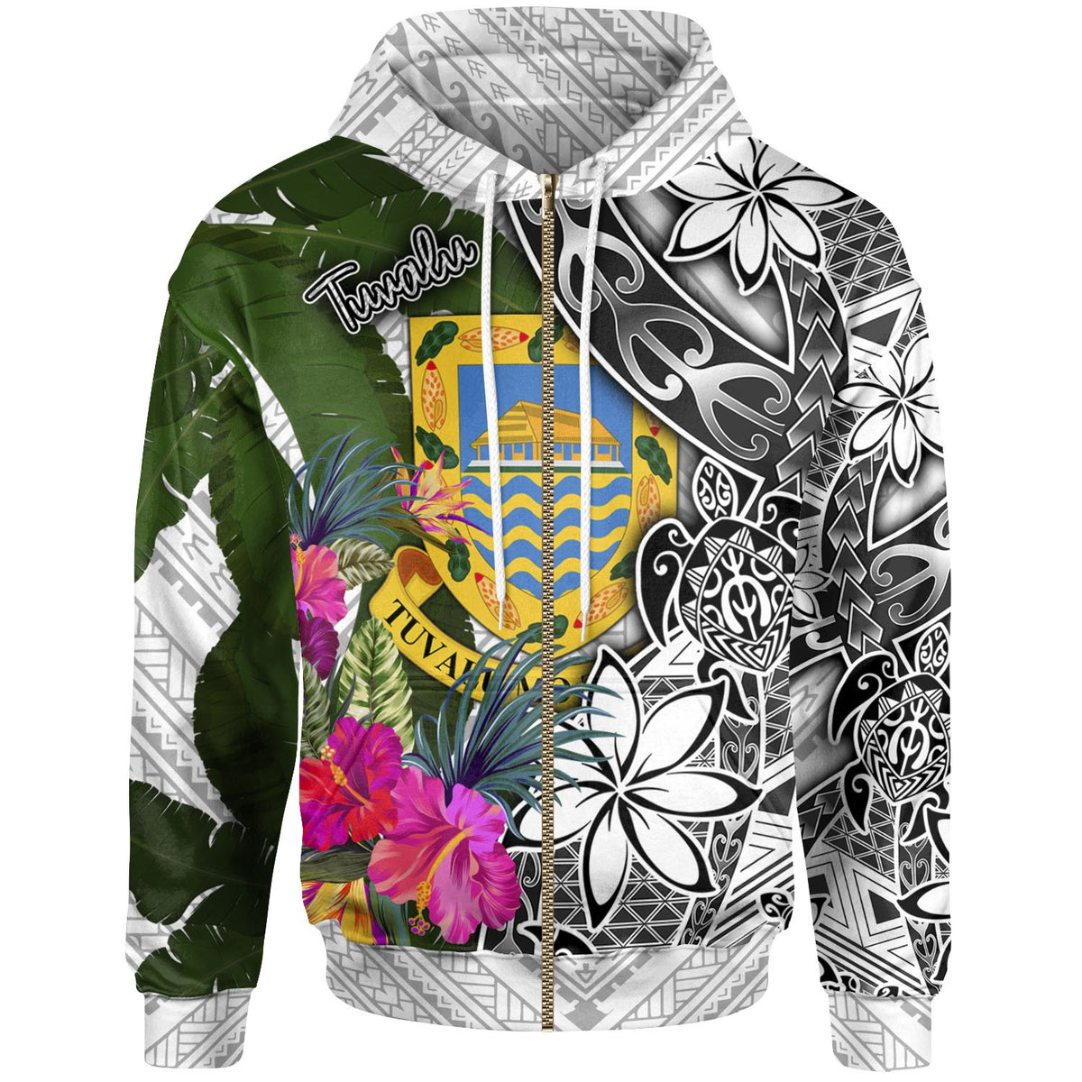 Tuvalu Zip up Hoodie White Turtle Plumeria Banana Leaf Unisex White - Polynesian Pride