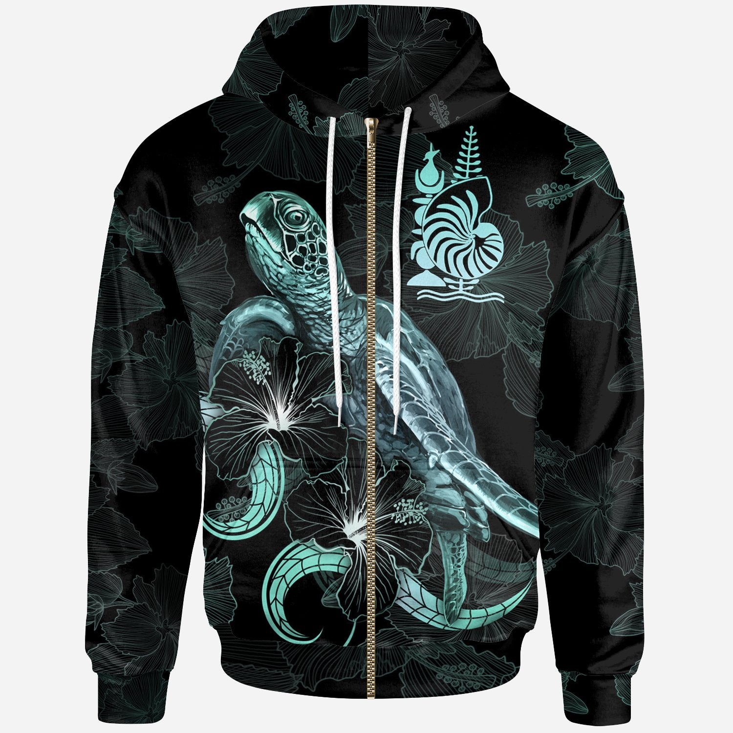 New Caledonia Polynesian Zip up Hoodie Turtle With Blooming Hibiscus Turquoise Unisex Turquoise - Polynesian Pride