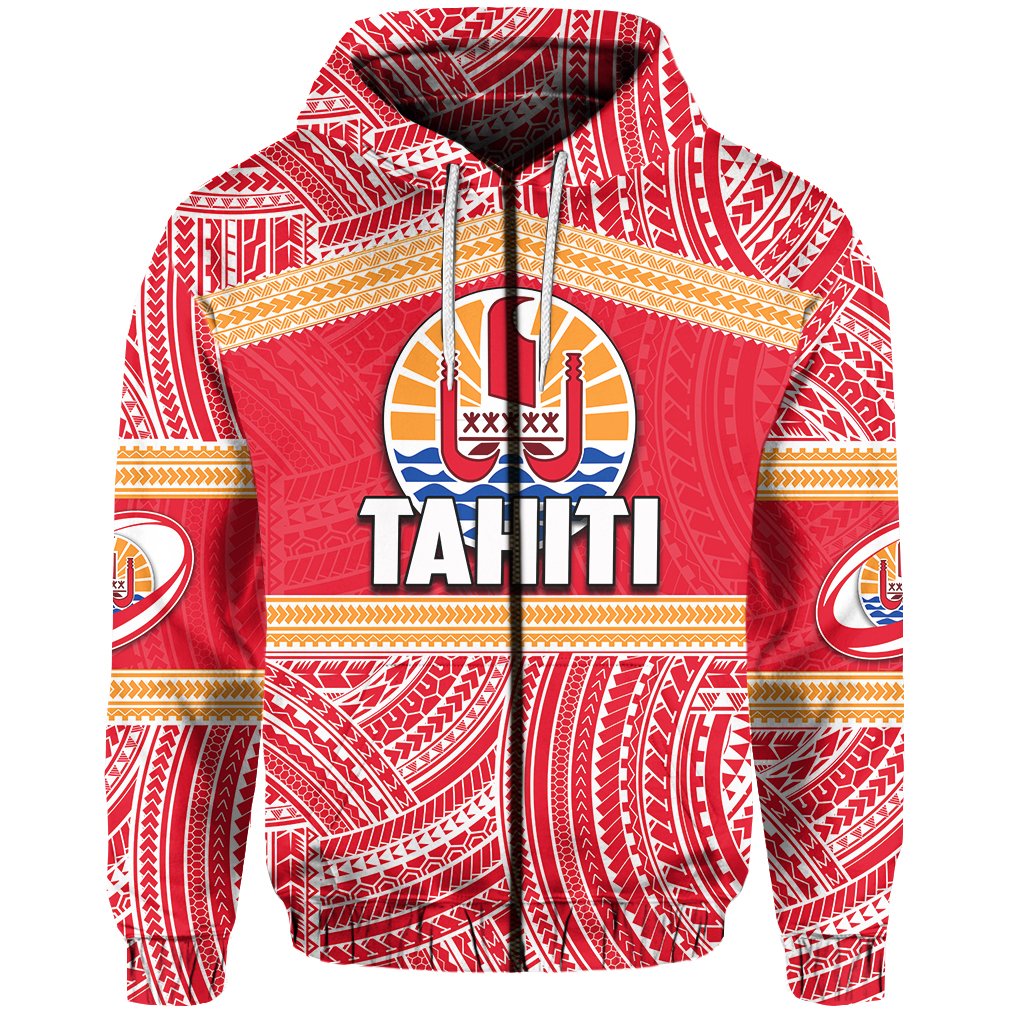 Custom Tahiti Rugby Polynesian Patterns Zip Hoodie Unisex Red - Polynesian Pride