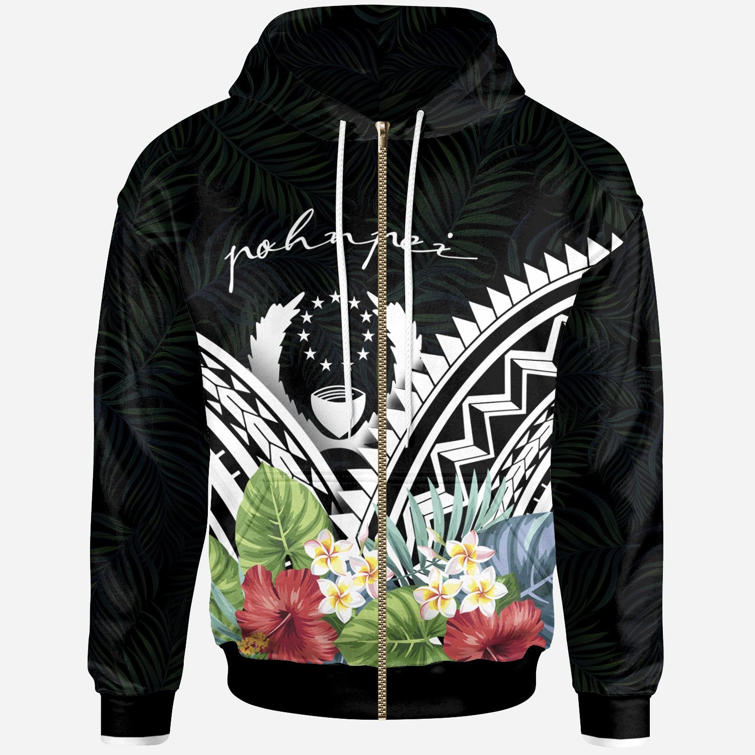 Pohnpei Polynesian Zip up Hoodie Pohnpei Coat of Arms & Polynesian Tropical Flowers White Unisex White - Polynesian Pride