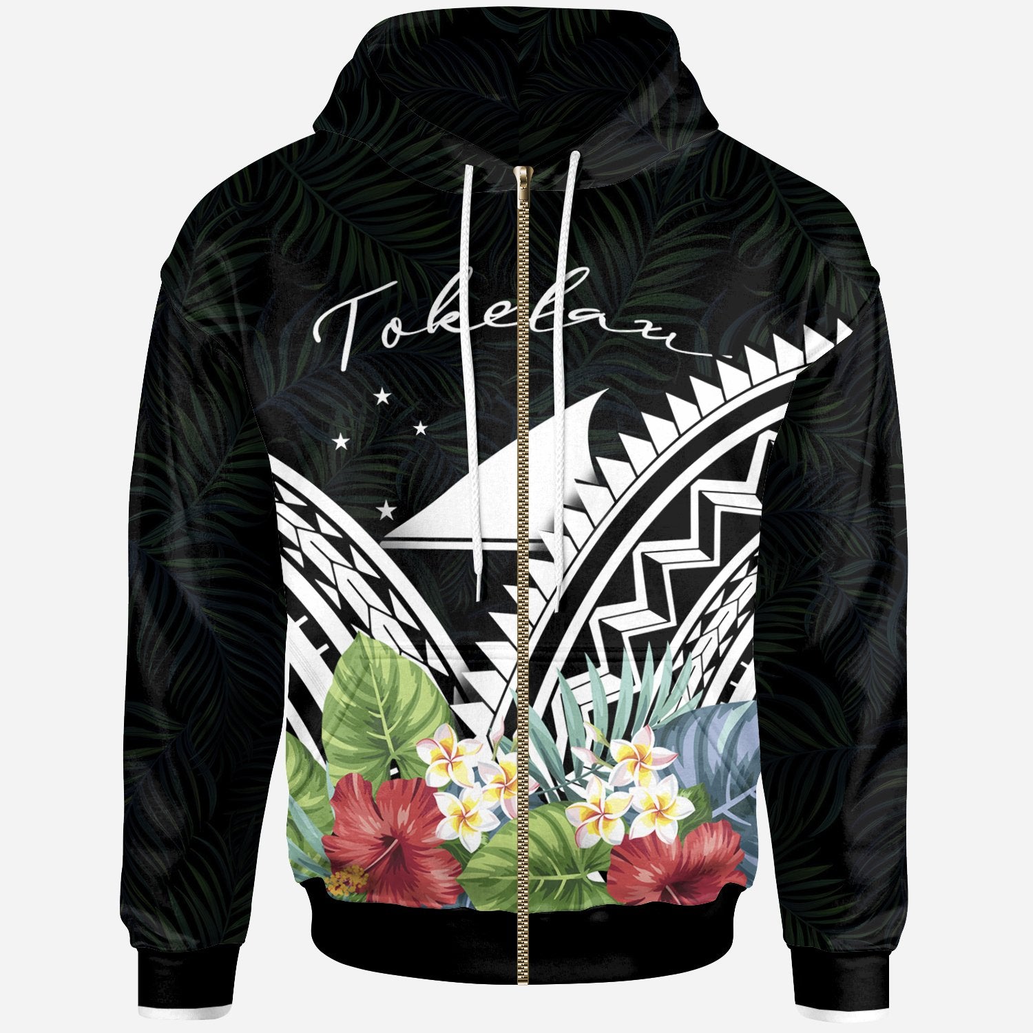 Tokelau Polynesian Zip up Hoodie Tokelau Coat of Arms & Polynesian Tropical Flowers White Unisex White - Polynesian Pride