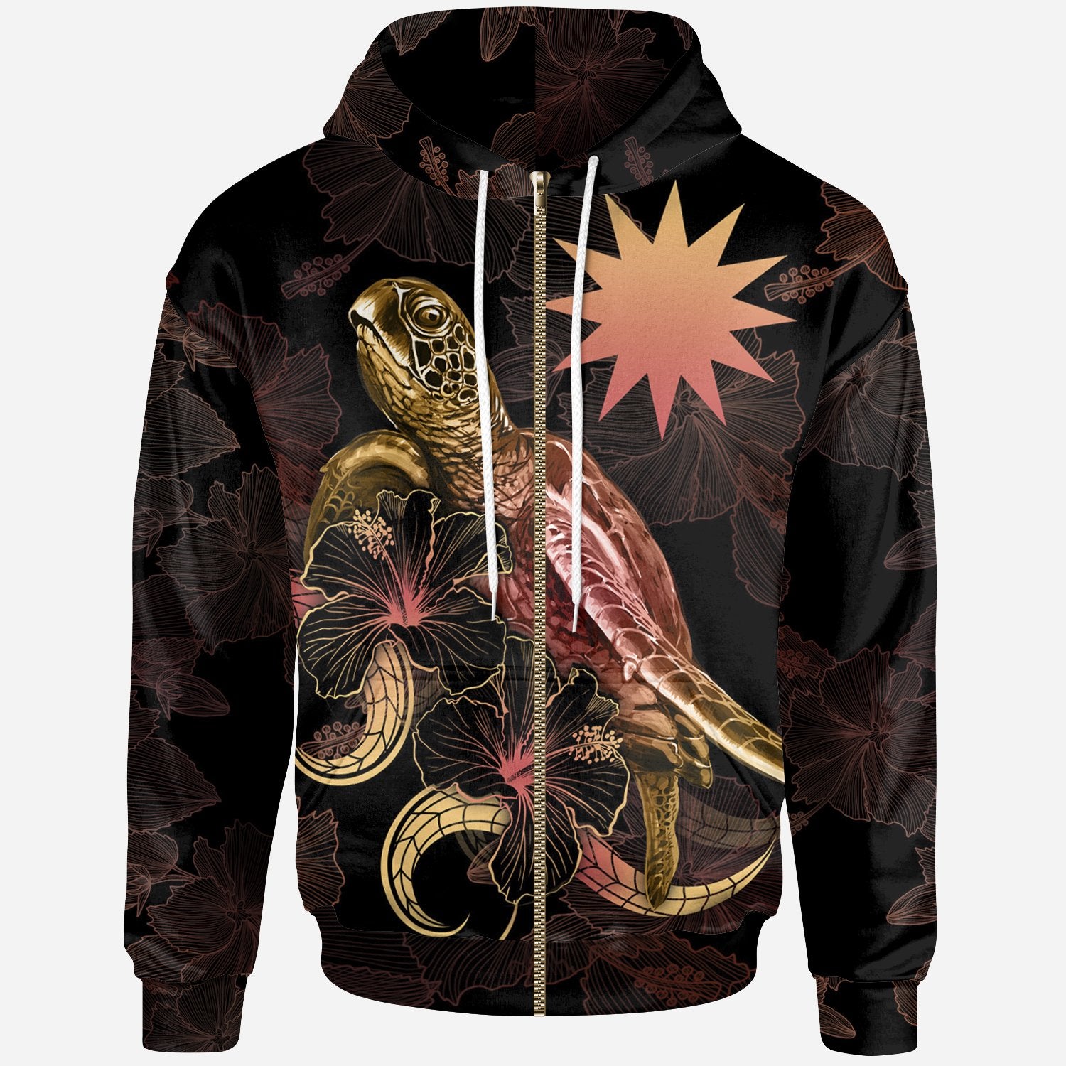 Nauru Polynesian Zip up Hoodie Turtle With Blooming Hibiscus Gold Unisex Gold - Polynesian Pride